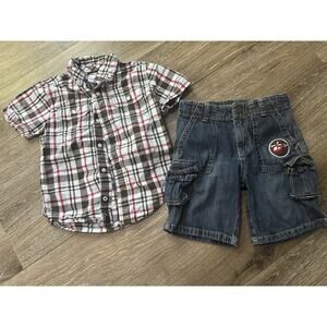 Gymboree Rescue Team 4T Helicopter Plaid Shirt & Denim Shorts Set EUC